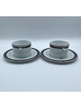 Philippe Deshoulieres Limoges Porcelain Cup & Saucer Set of 4 Blue Greek Key
